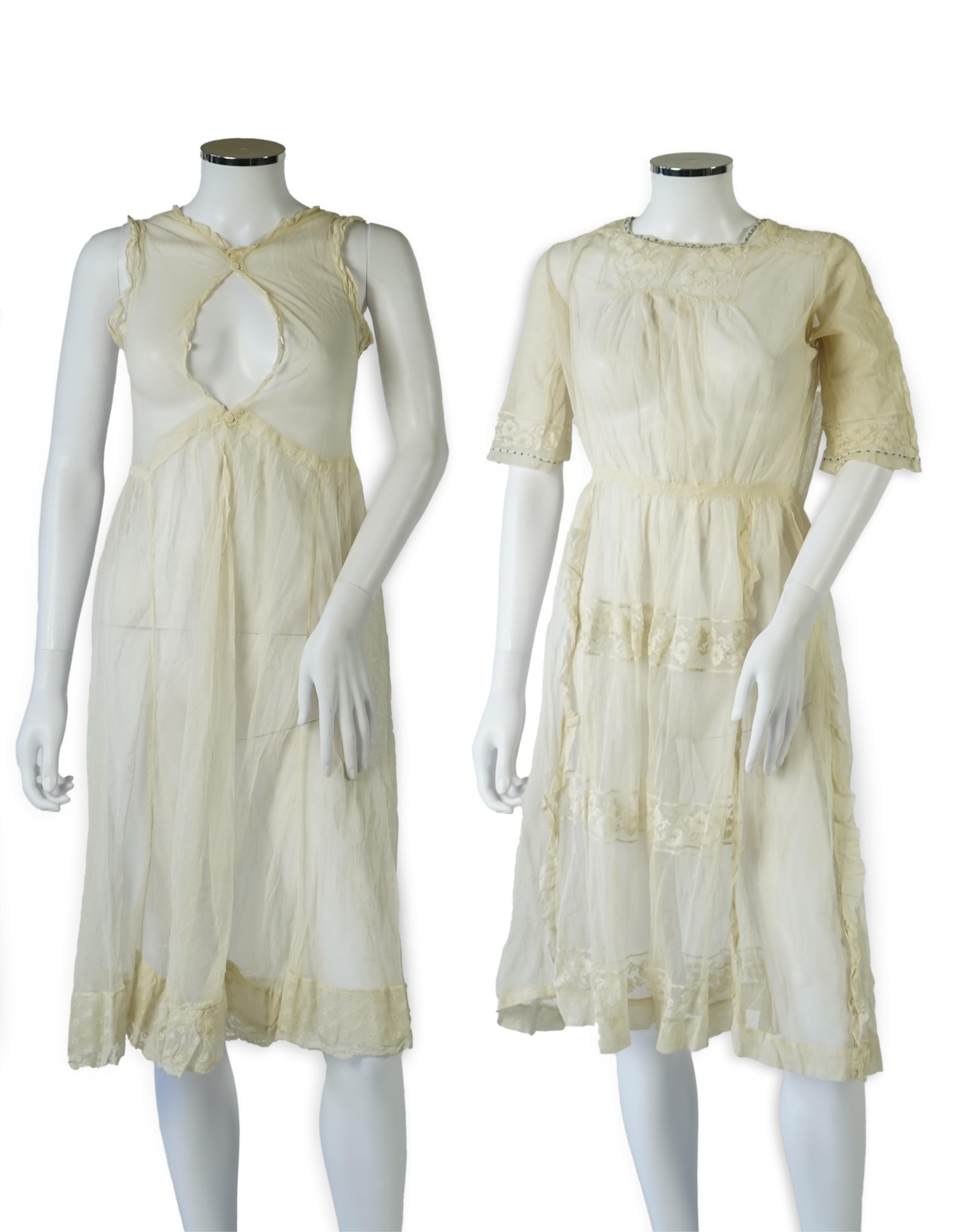 An early 20’s cream net ladies summer dress and net petticoat, designed with a lace inset front skirt, yolk and sleeves.103cm long. Condition - both need re-laundering and some seams tidying.